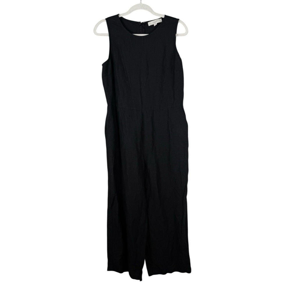 Loft Women's Jumpsuit Black Linen Blend Sleeveless Wide Straight Pockets Size 8